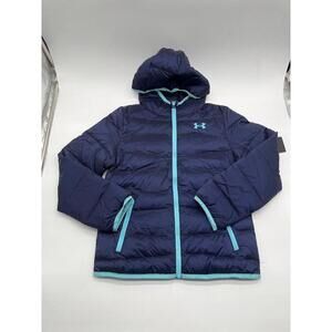 Under Armour Puffer Jacket Youth Medium Hooded ColdGear Navy Aqua Trim Full Zip